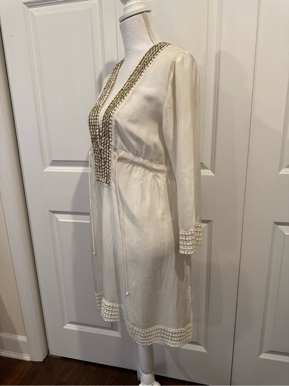 DESPI 100% Silk Beaded Swim Cover Up Tunic Dress Ivory Resort Boho Size M - Picture 4 of 15